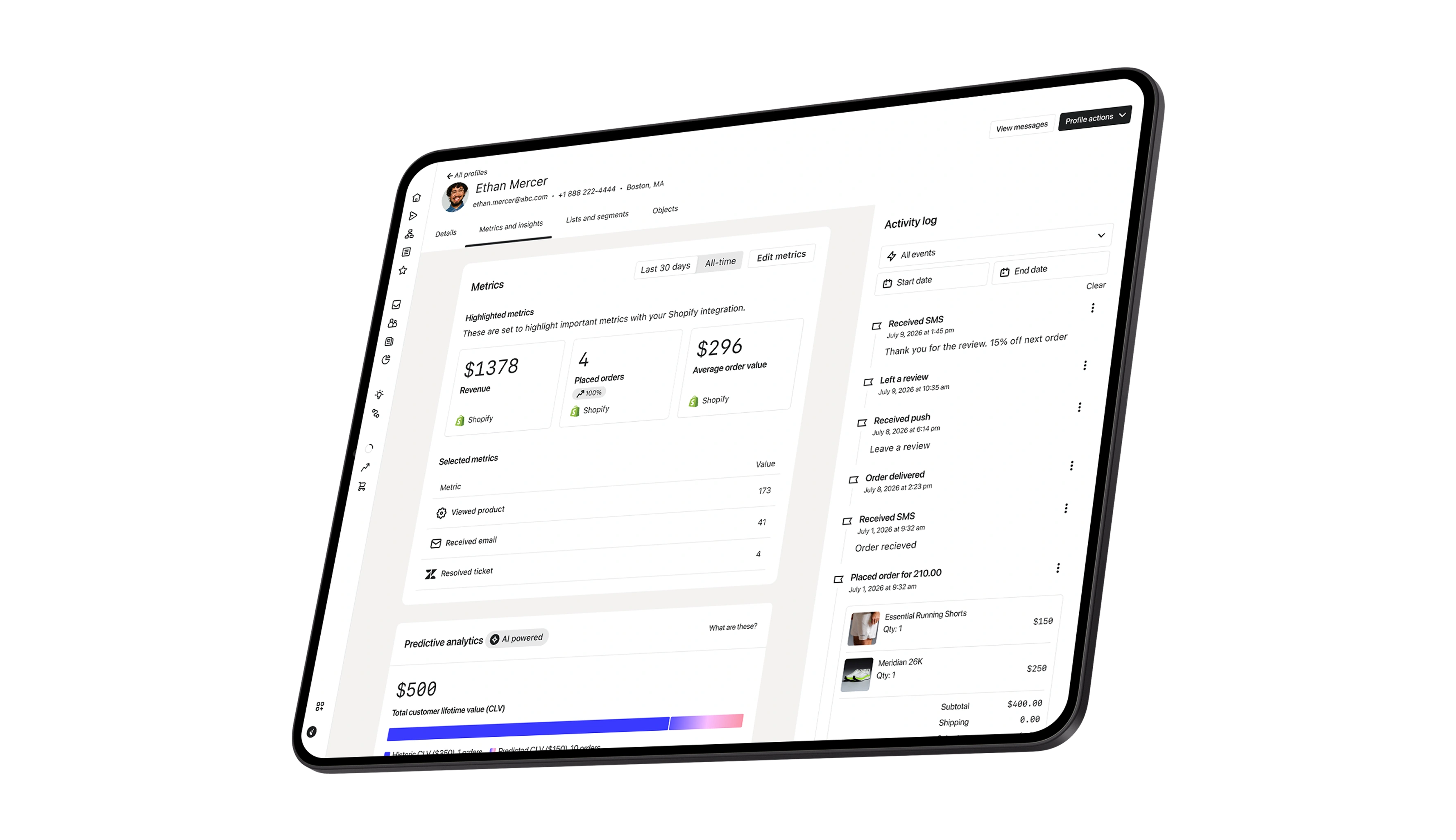 Tablet displaying a customer profile dashboard with Shopify metrics, predictive analytics, and an activity log.