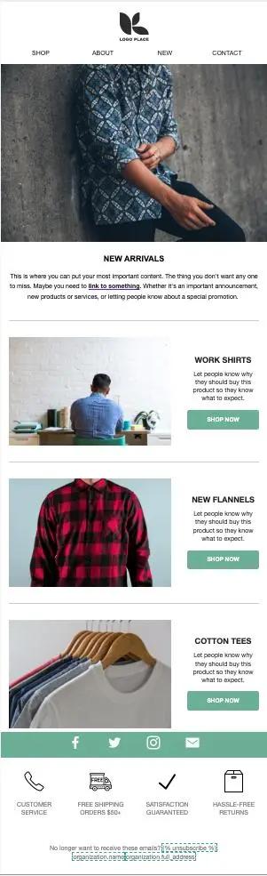 Newsletter-Vorlage mit Kategorien: "New Arrivals", "Work Shirts", "New Flannels", "Cotton Tees". Enthält Bilder und Shop-Buttons.