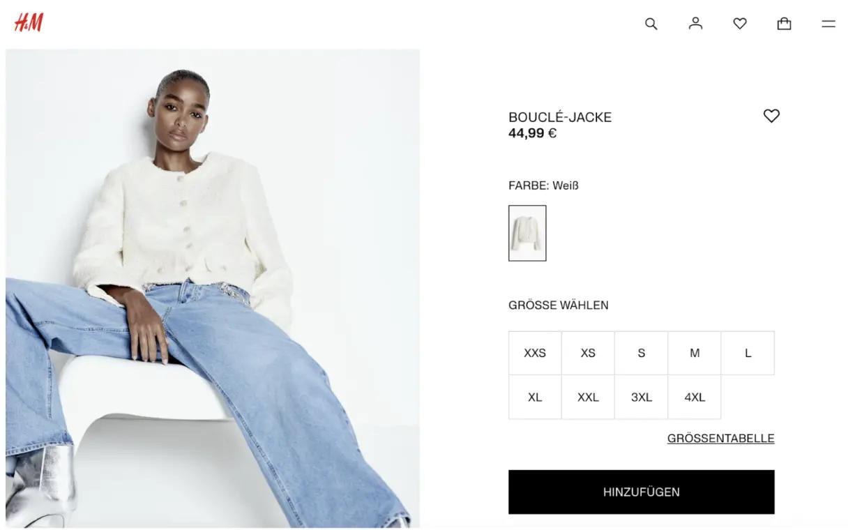 Model wearing a white bouclé jacket and blue jeans, with product details and size options displayed on the right.