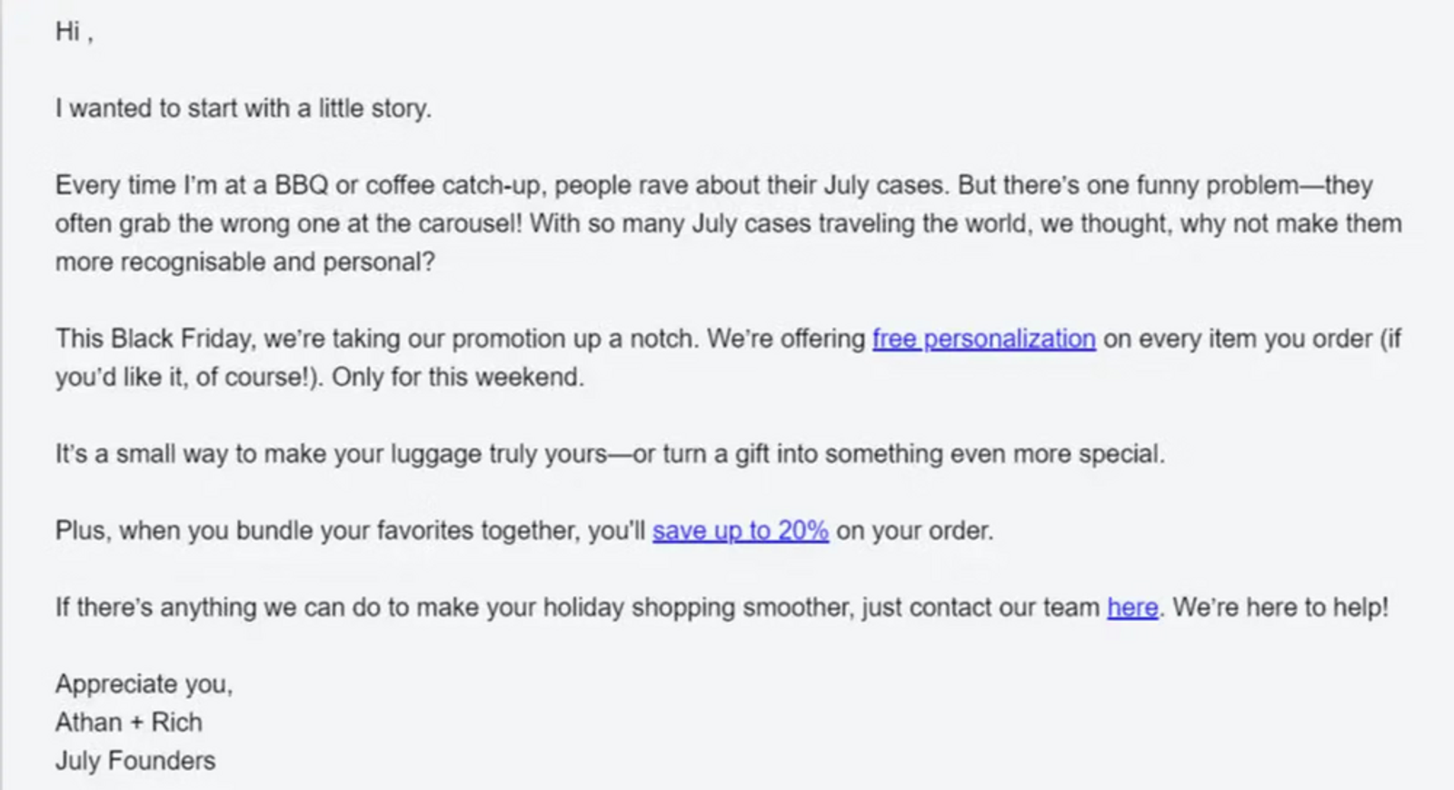 Image shows a text-based email against a gray background. The links within the email are classic blue hyperlinks within the text, including “free personalization”, “save up to 20%,” and “here.”