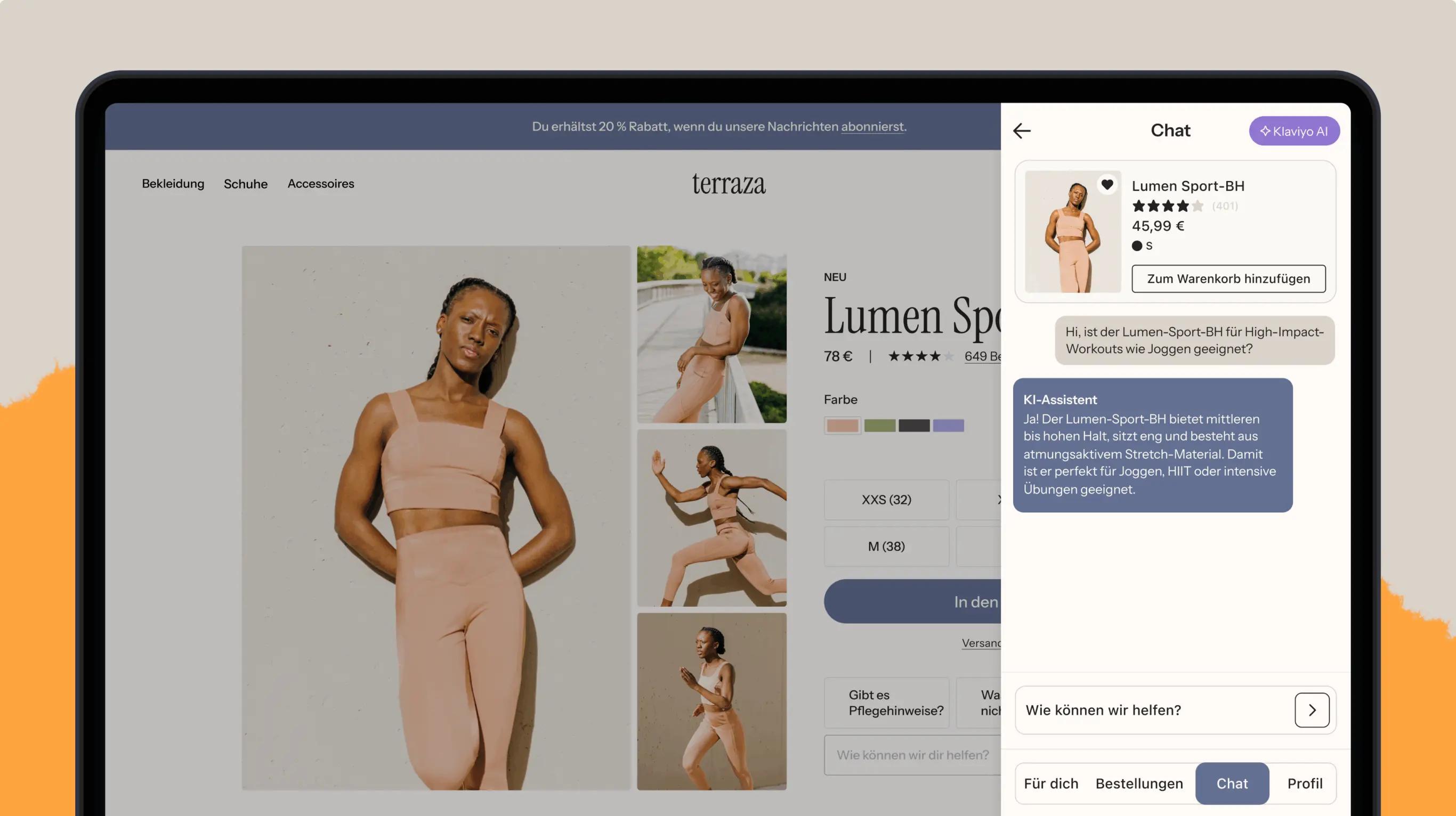 Online-Shopping-Oberfläche für „Lumen Elevate Bra“ mit KI-Chatsupport. Ein Model, das das Produkt trägt, der Preis und die Farboptionen sind sichtbar.