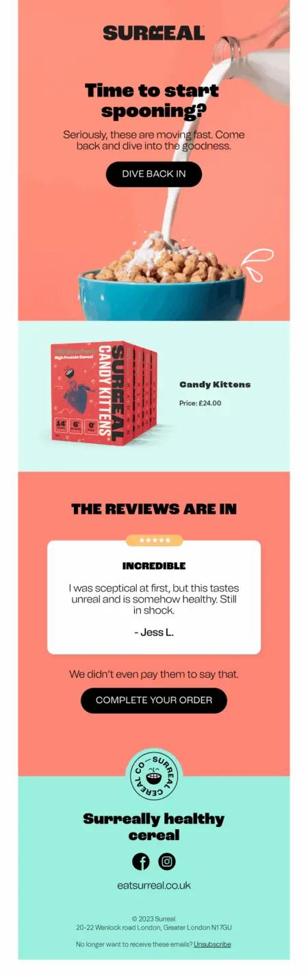 Promotional email for Surreal cereal featuring a bowl of cereal with milk, product boxes, a customer review, and website link.