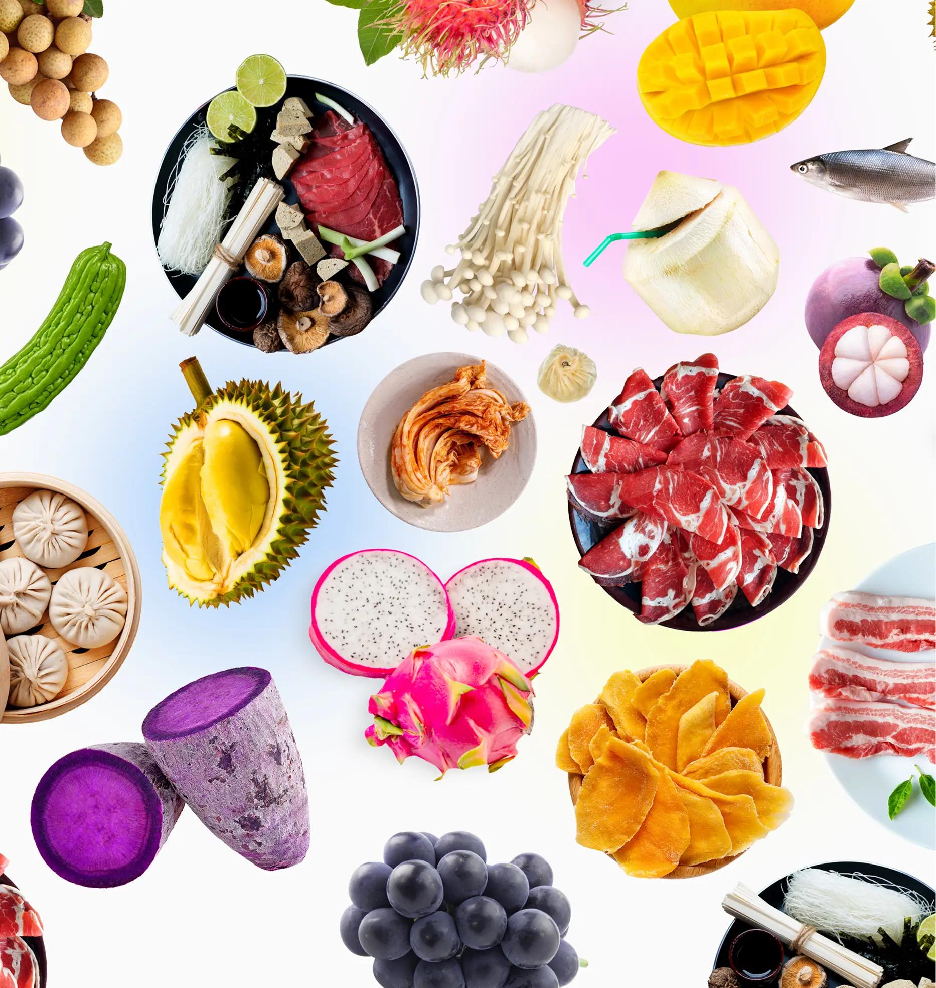 Colorful spread of Asian fruits, vegetables, mushrooms, dumplings, noodles, kimchi, fish and sliced meats