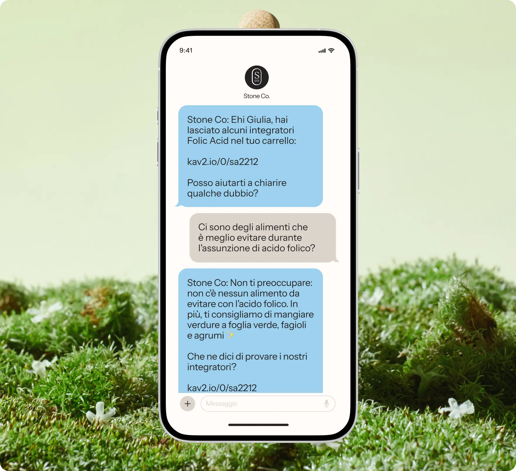 Smartphone su sfondo erboso mostra una conversazione di messaggi con Stone Co. riguardo integratori di acido folico.
