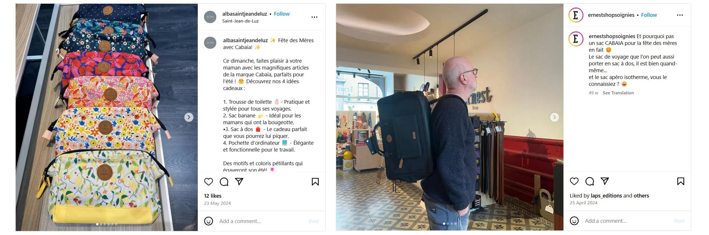 Montage de deux publications Instagram pour la Fête des Mères 2024 de la marque française Cabaïa. À gauche, une photo de trousses colorées alignées avec une légende proposant plusieurs idées cadeaux pour maman. À droite, un homme portant un grand sac à dos Cabaïa en boutique, illustrant l’aspect unisexe du produit. La campagne adopte une approche joyeuse, pratique et inclusive.