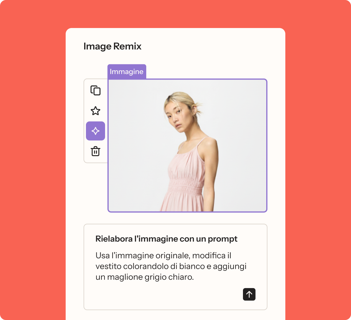 Interfaccia di modifica immagine con una donna in abito rosa; il prompt indica di colorare il vestito di bianco e aggiungere un maglione grigio chiaro
