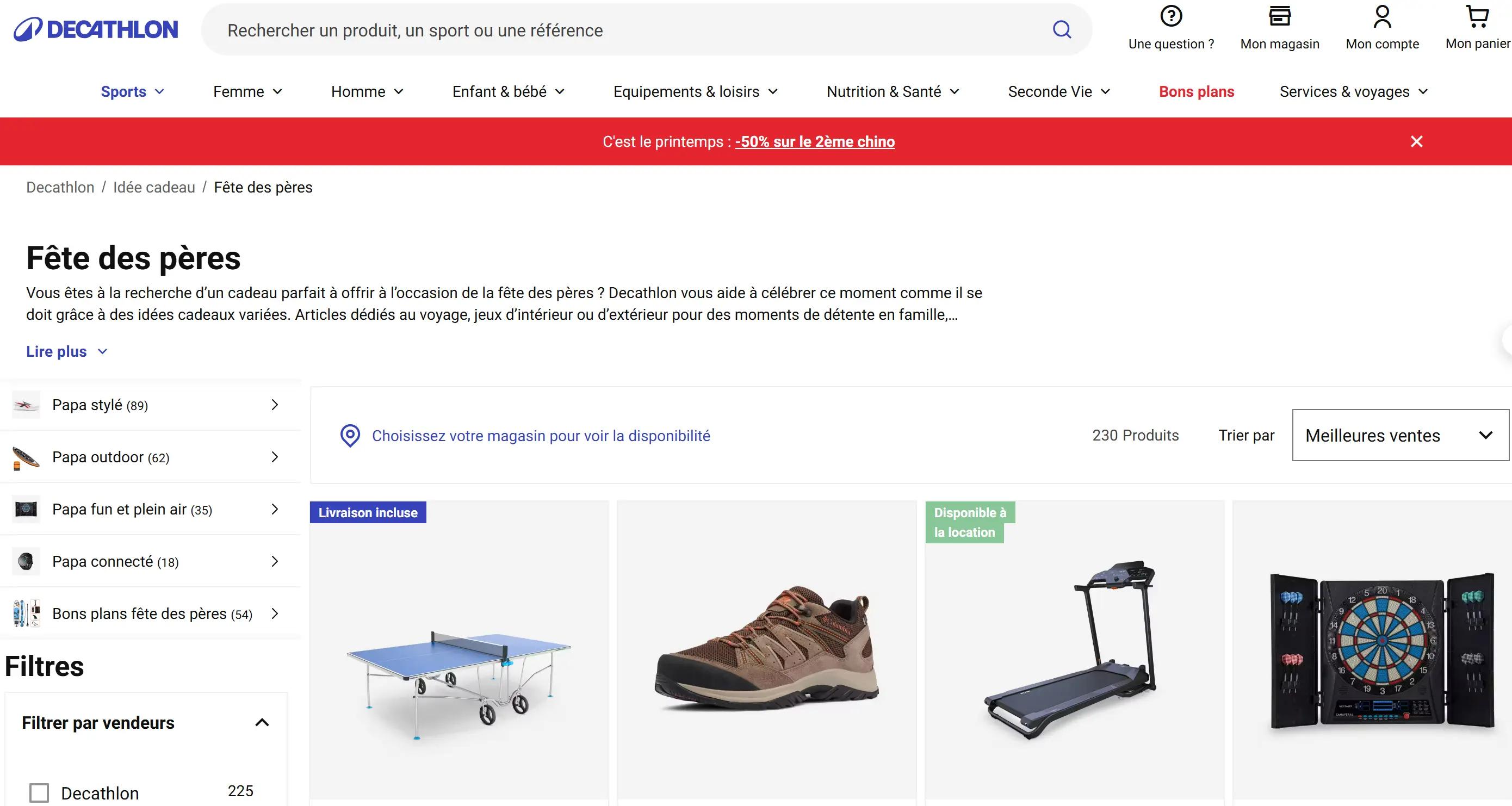 Page spéciale Fête des Pères sur le site de Decathlon, avec filtres par type de papa (stylé, outdoor, fun, connecté) et suggestions de cadeaux comme une table de ping-pong, des chaussures de randonnée, un tapis de course ou une cible de fléchettes.