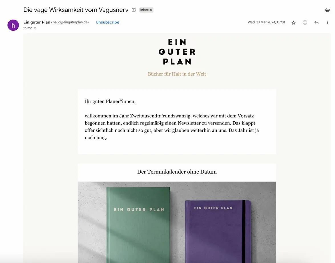 E-Mail von "Ein guter Plan" mit Begrüßungstext und Bild von zwei Planern in Grün und Lila.