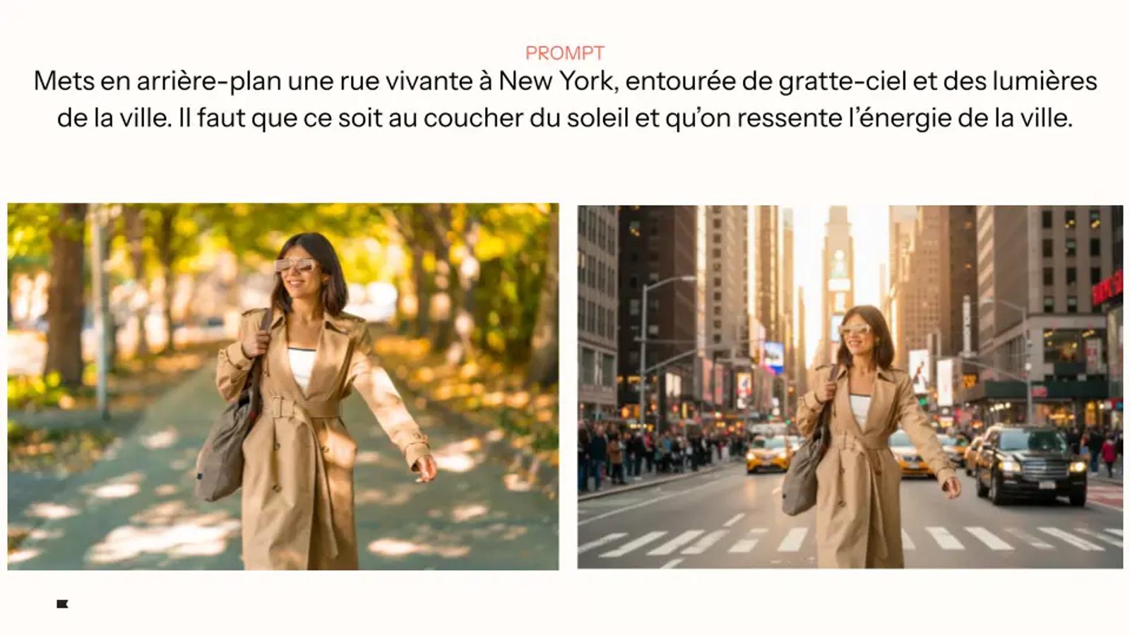 Femme souriante en manteau beige marchant dans une rue animée de New York au coucher du soleil, entourée de gratte-ciel.