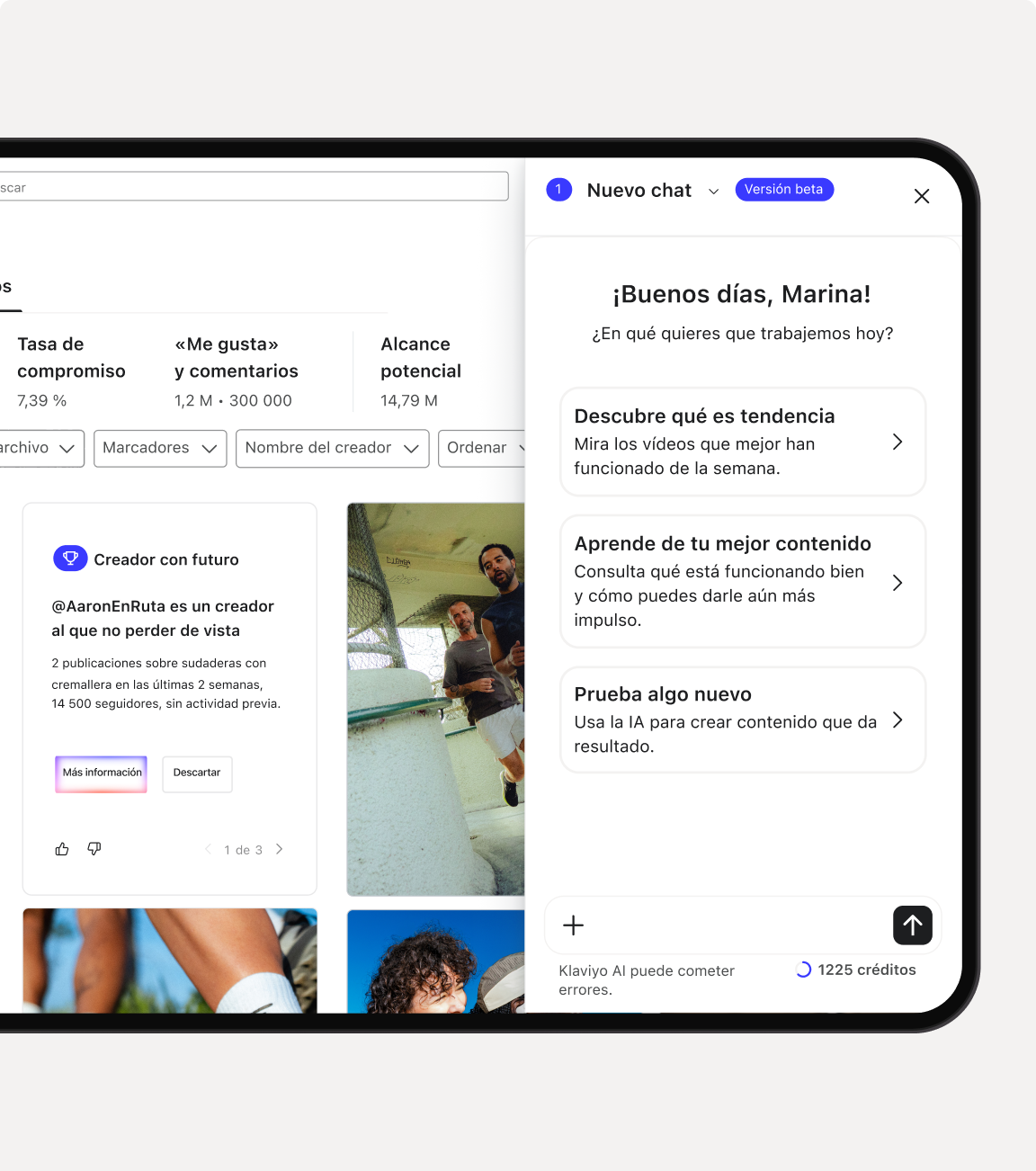 A mobile app displaying social media creator analytics and an AI chatbot.