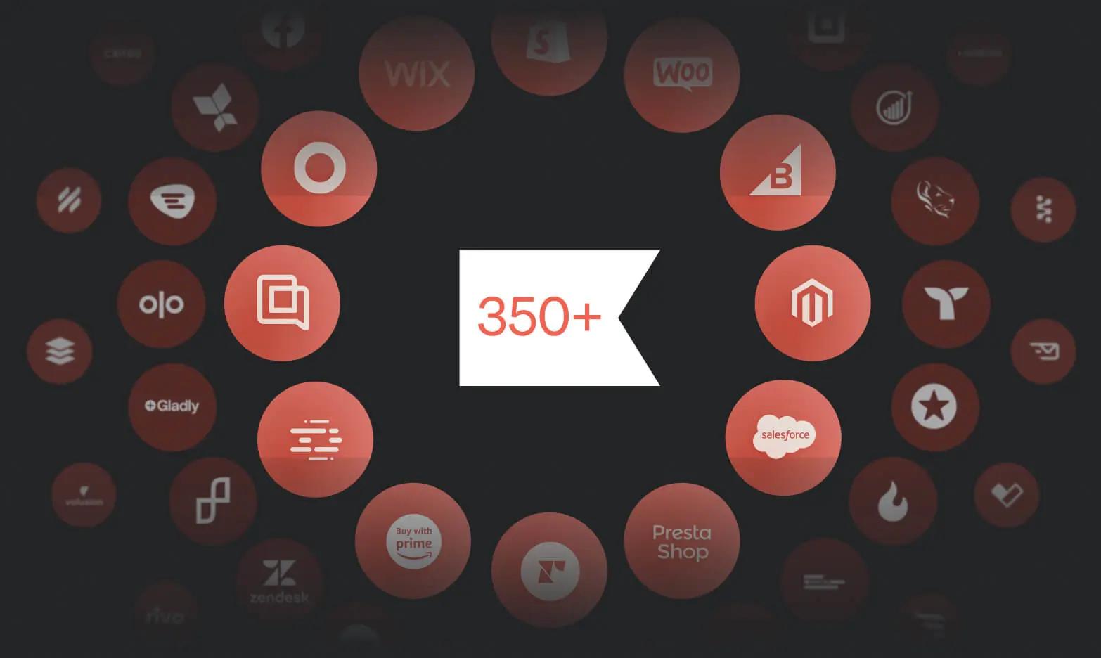 Central text "350+" surrounded by various app logos in circular red icons.