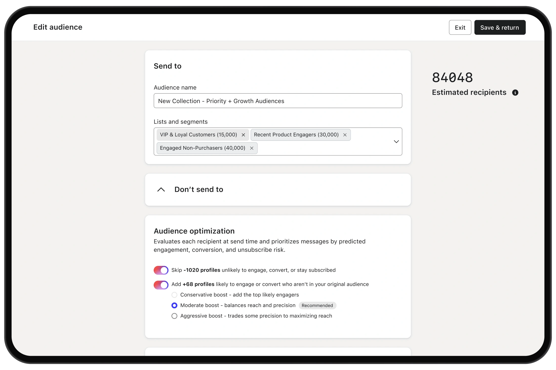 Audience editor showing selected customer segments, 84,048 estimated recipients, and optimization settings.