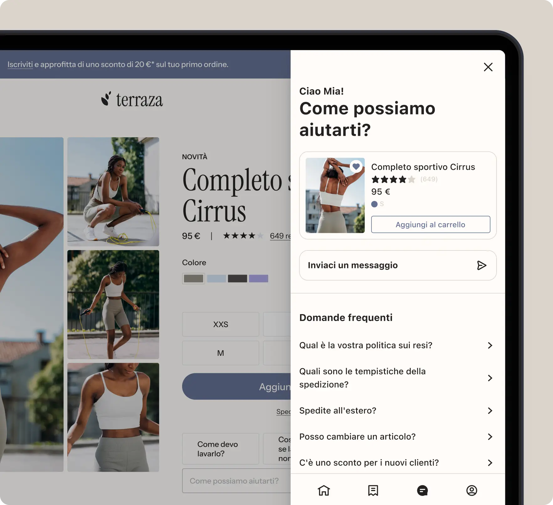 Interfaccia di un e-commerce che mostra un completo sportivo da 95 € con opzioni per l'assistenza clienti via chat e le domande frequenti.