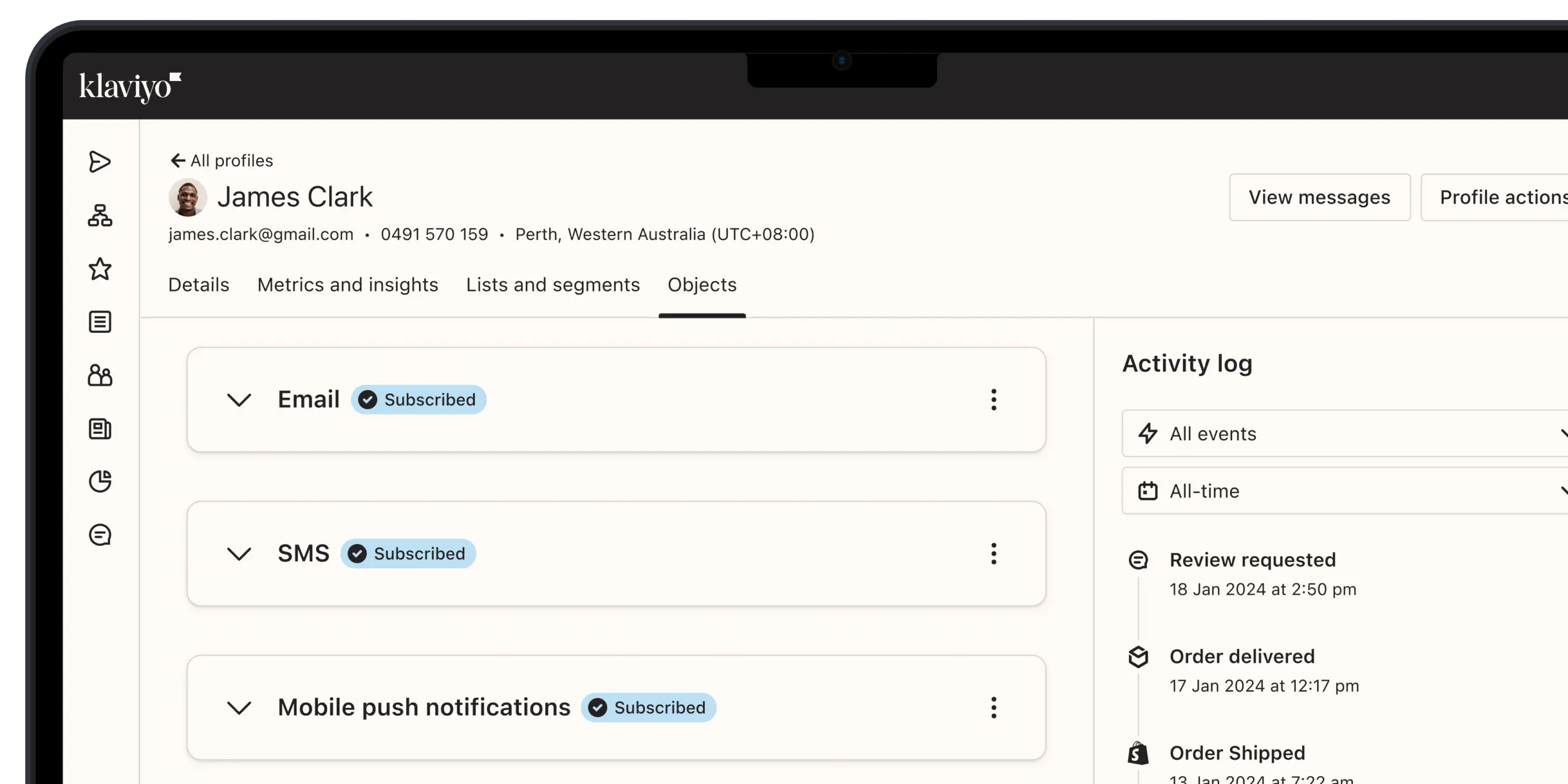 Klaviyo dashboard showing a user profile for James Clark with subscription status for email, SMS, and mobile notifications. Activity log on the right.