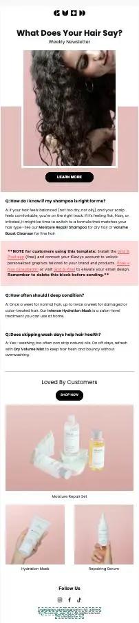 Newsletter mit dem Titel "What Does Your Hair Say?" zeigt ein Bild von lockigem Haar, Produktempfehlungen und Haarpflege-Tipps.