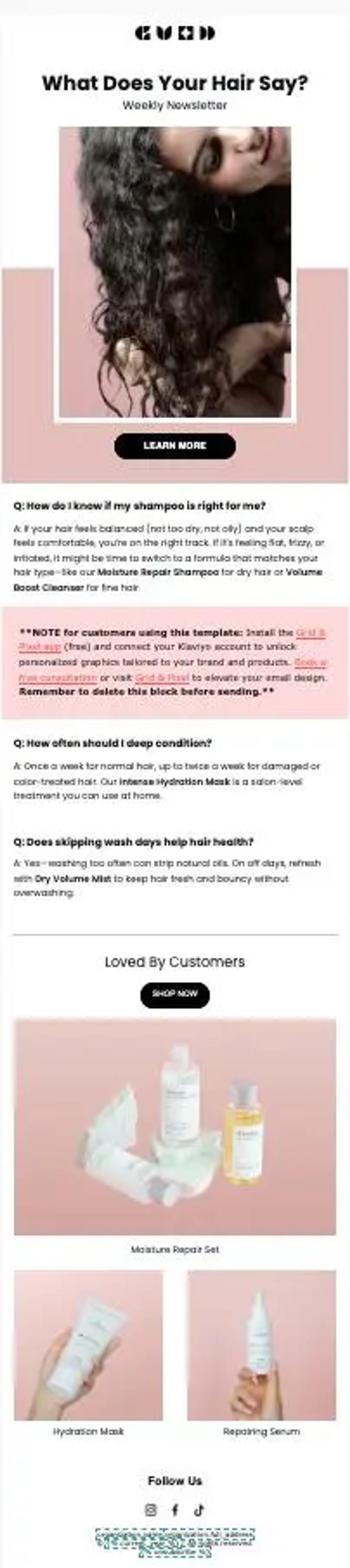 Newsletter mit dem Titel "What Does Your Hair Say?" zeigt ein Bild von lockigem Haar, Produktempfehlungen und Haarpflege-Tipps.