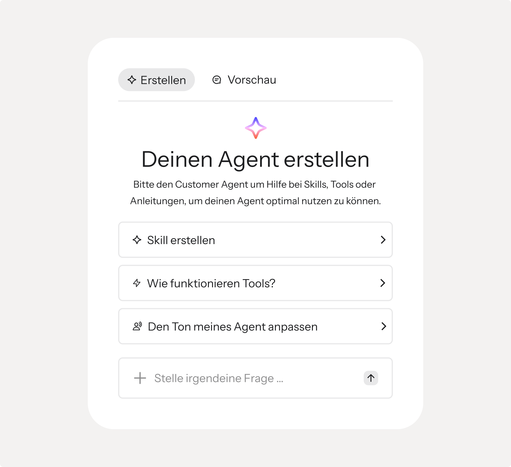 A German user interface for creating an AI agent, with options to create skills and ask questions.