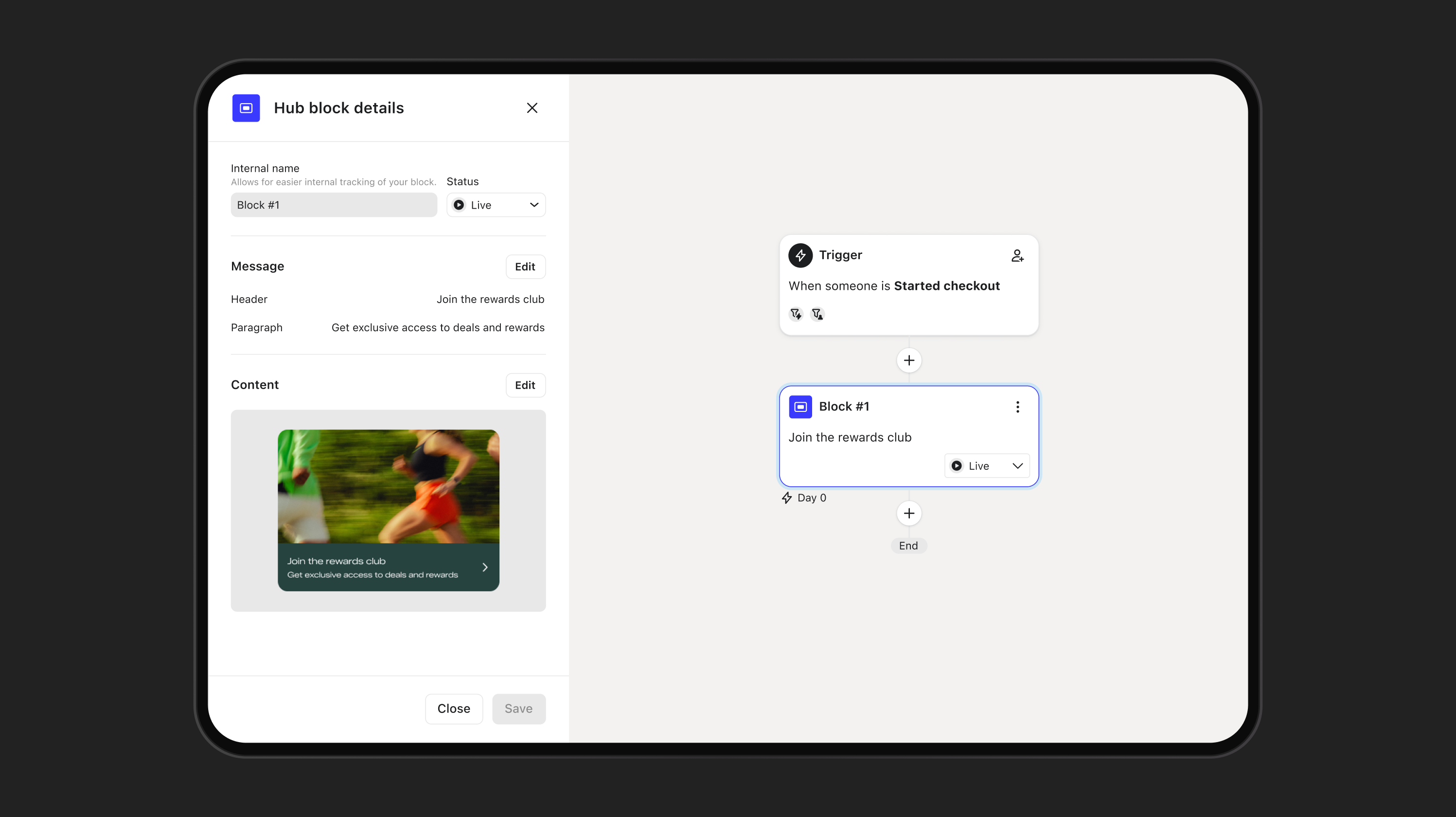 A tablet screen showing a marketing automation tool, configuring a "rewards club" signup block triggered by a started checkout.