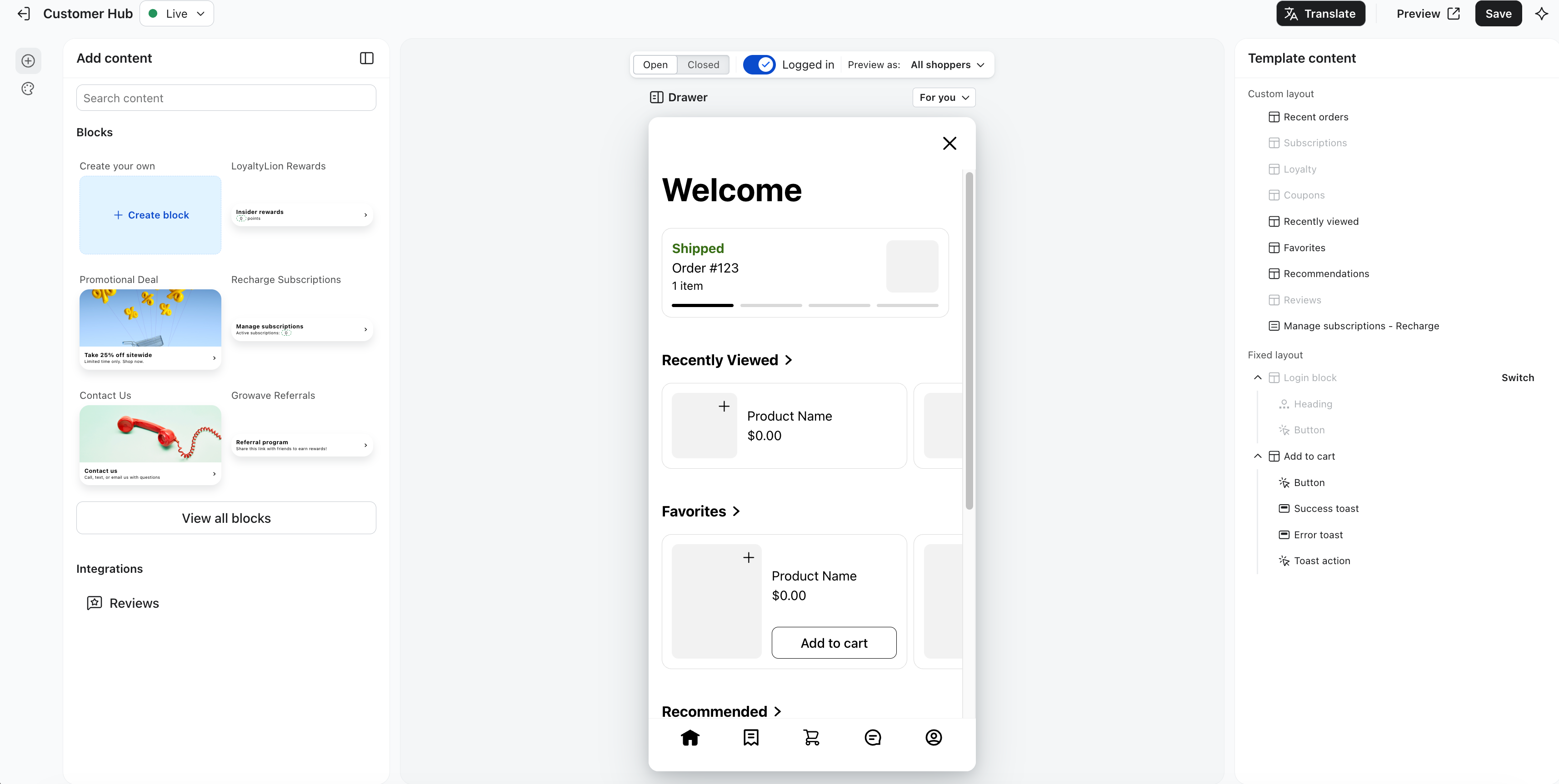Customer Hub admin interface displaying content blocks, a mobile welcome screen preview, and template content customization.
