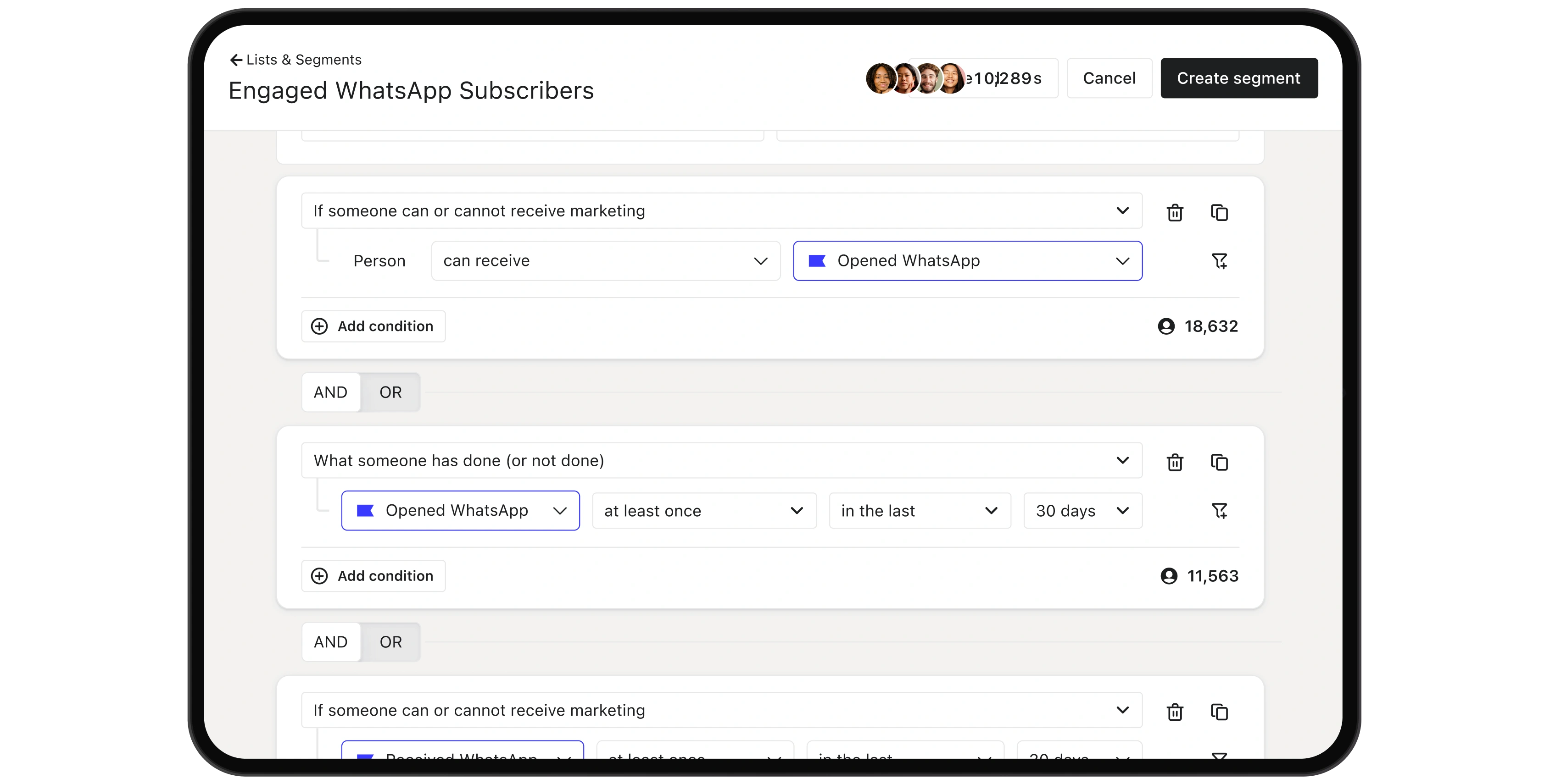 Segment builder filtering engaged WhatsApp subscribers by message eligibility and activity in the last 30 days.
