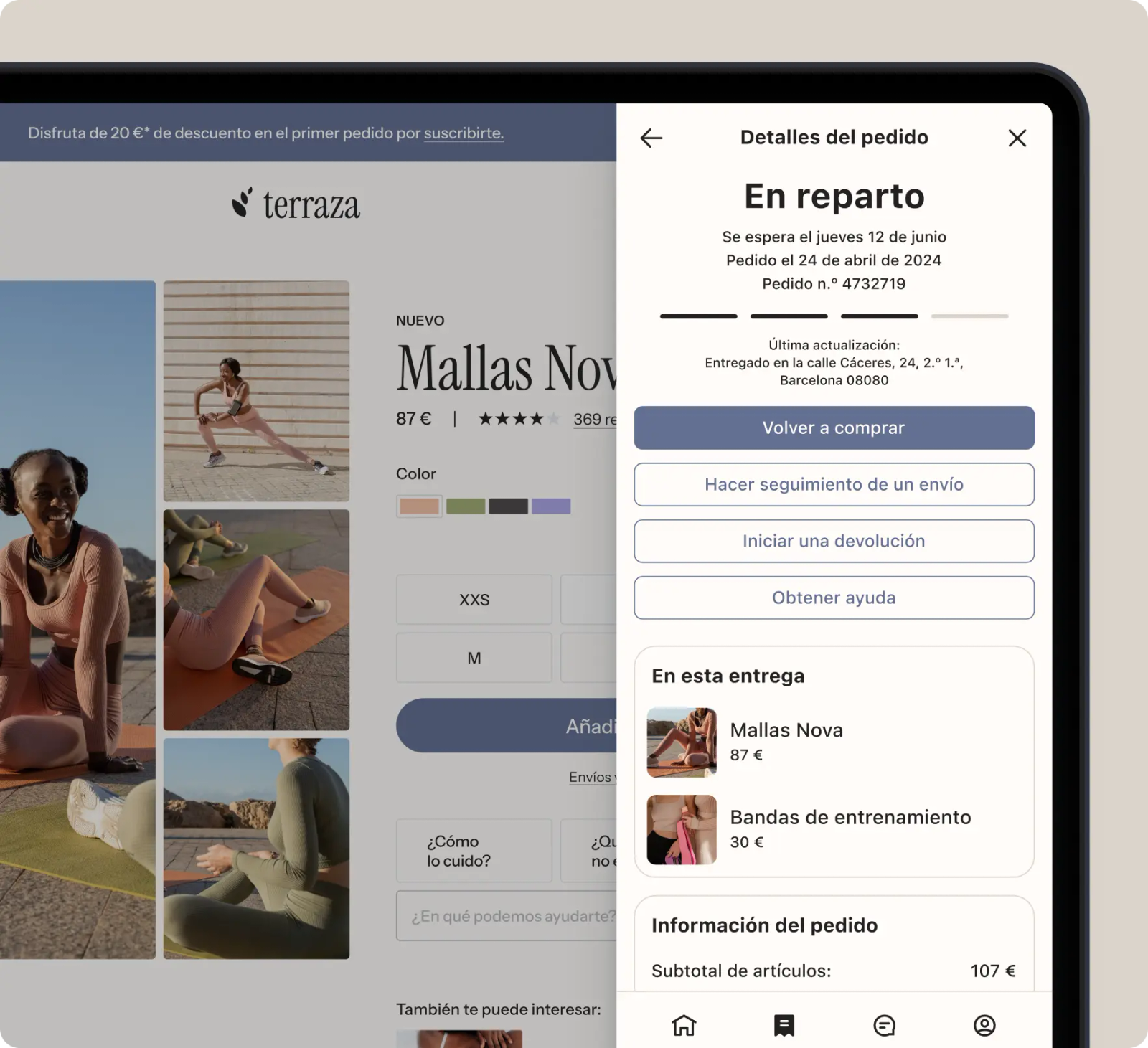 Panel de detalles de un pedido en una tienda online, con el estado «En reparto» y botones para seguir el envío, iniciar una devolución u obtener ayuda.