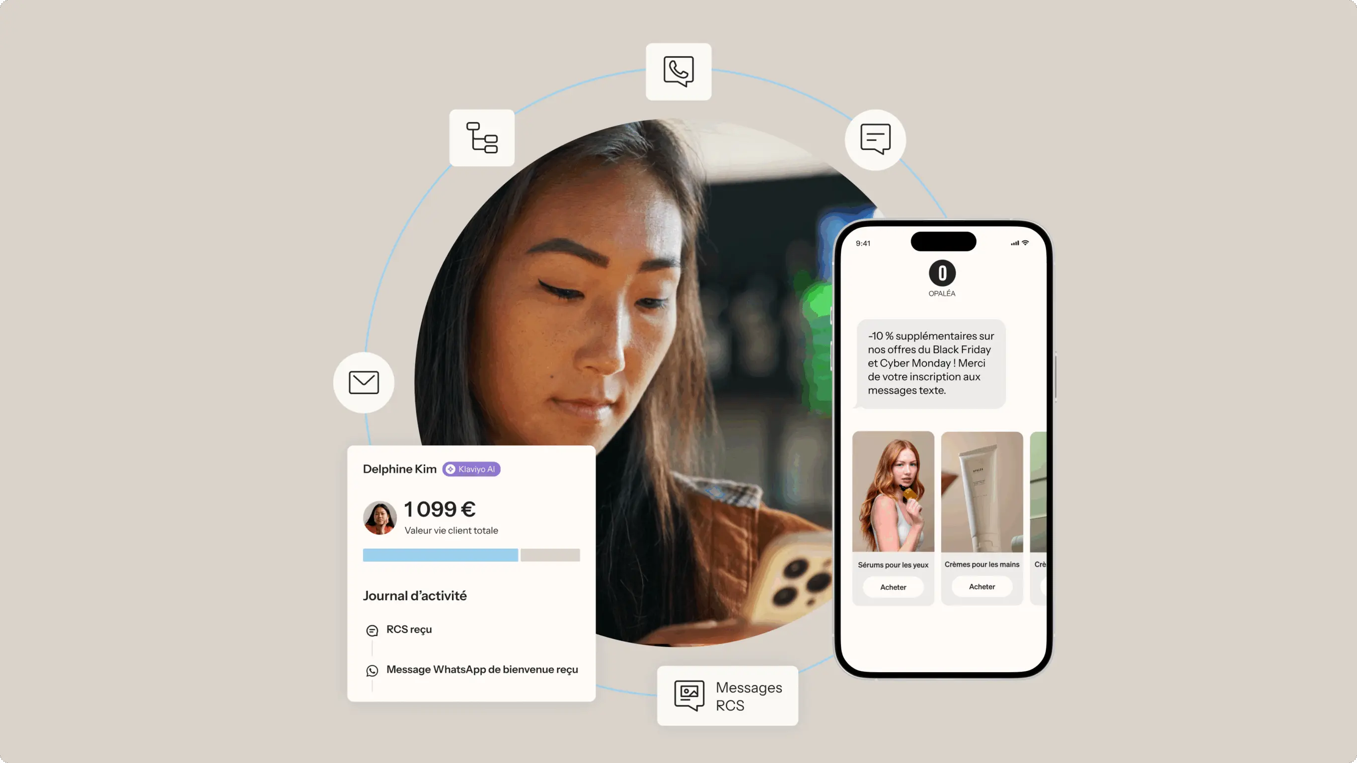 Femme regardant un téléphone, avec des icônes de communication et une interface utilisateur affichant des informations client et promotions.