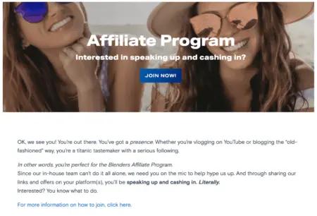 Image shows a screenshot of affiliate marketing communications from Blenders Eyewear. The text reads: “Affiliate Program. Interested in speaking up and cashing in? Join now!”