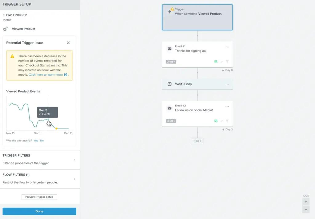 Product screenshot showing Klaviyo's flow builder with an alert for a potential trigger issue