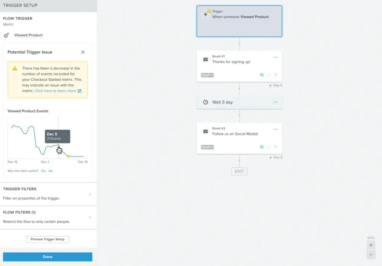 Product screenshot showing Klaviyo's flow builder with an alert for a potential trigger issue