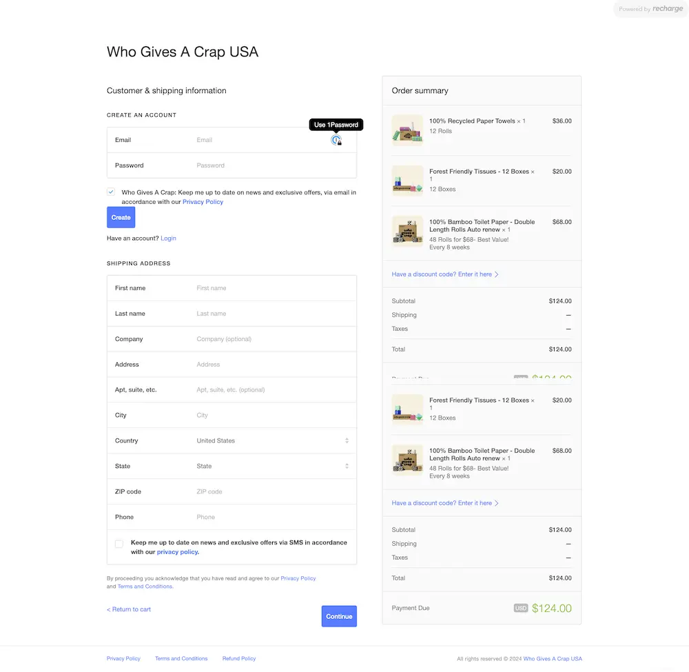 Image shows the checkout page for toilet paper brand Who Gives A Crap.