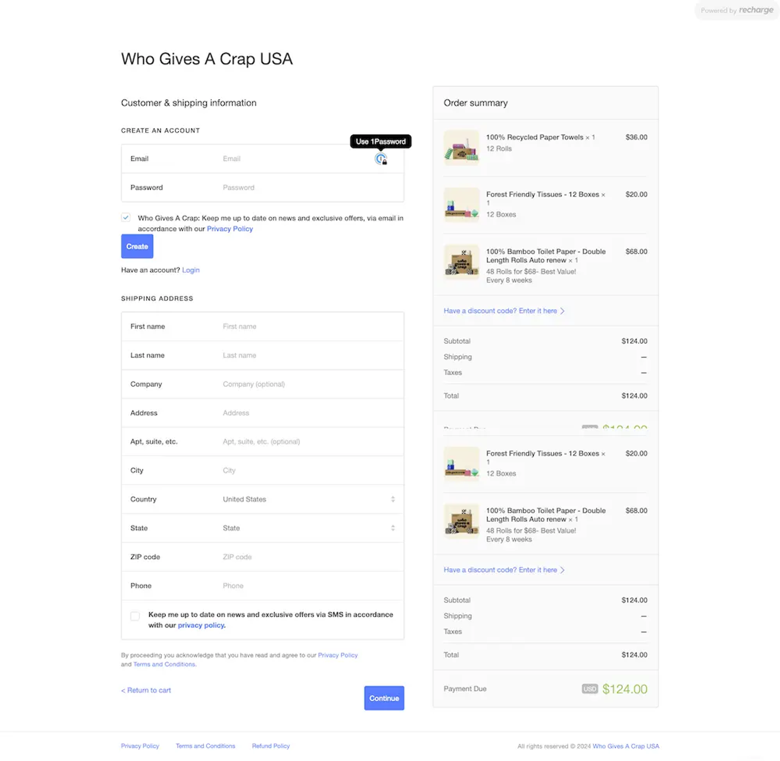 Image shows the checkout page for toilet paper brand Who Gives A Crap.