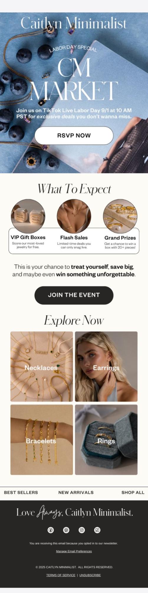 Caitlyn Minimalist email promoting a Labor Day Special CM Market TikTok Live event with jewelry deals and prizes, showcasing necklaces, earrings, bracelets, and rings.
