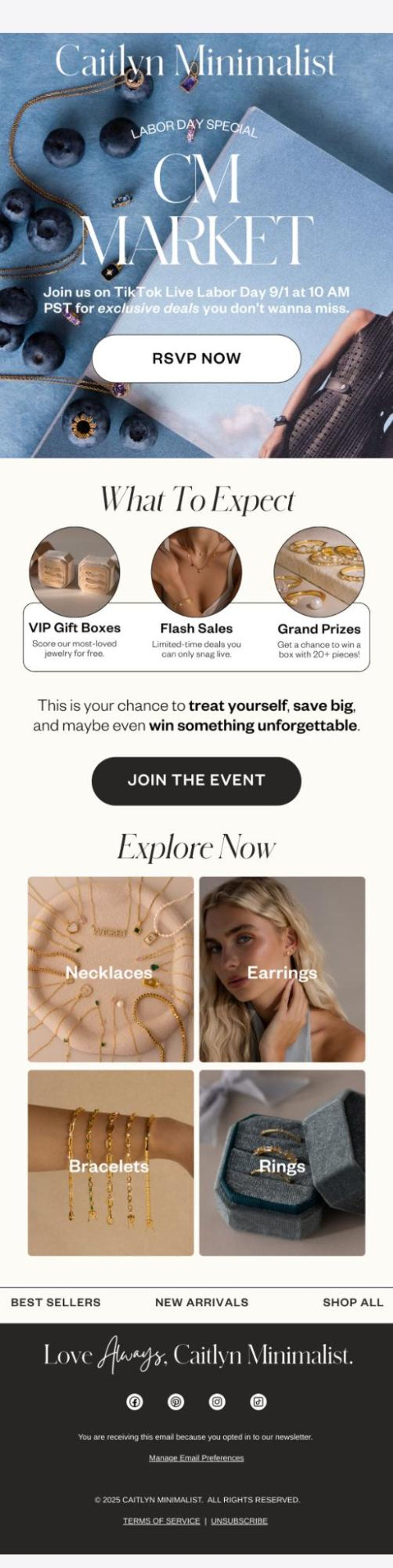Caitlyn Minimalist email promoting a Labor Day Special CM Market TikTok Live event with jewelry deals and prizes, showcasing necklaces, earrings, bracelets, and rings.
