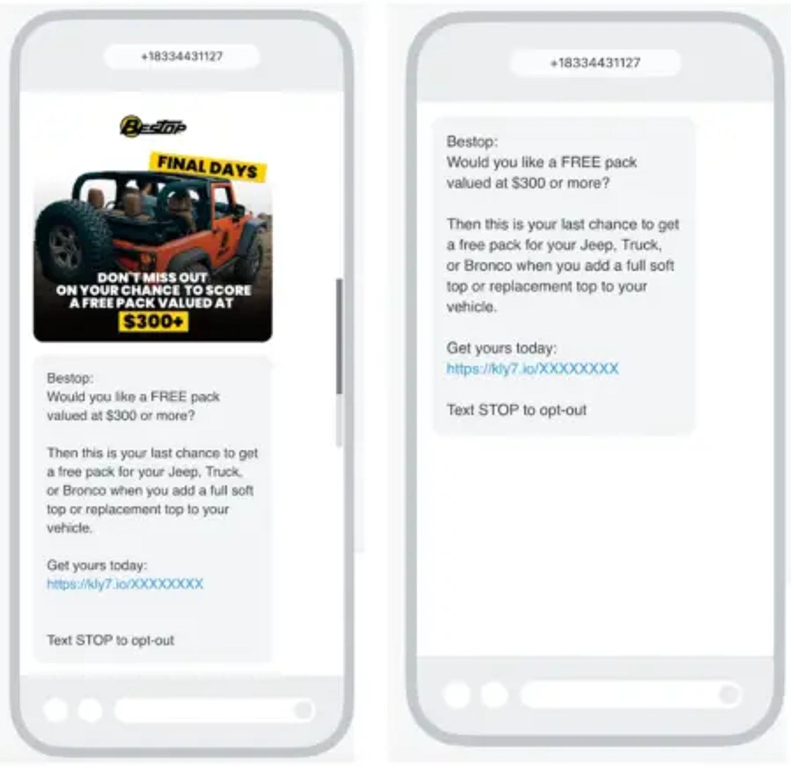 Image shows two marketing text messages, one SMS and one MMS.