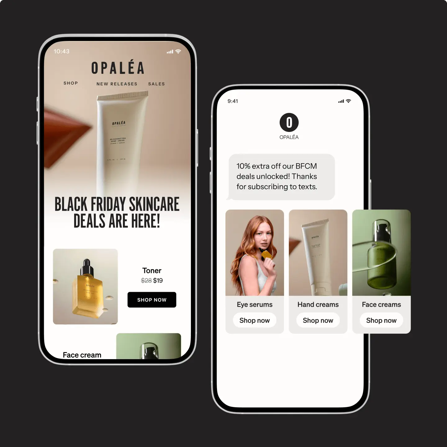 Two smartphones displaying Opaléa's Black Friday skincare deals, featuring discounted products like toner, eye serums, and face creams.