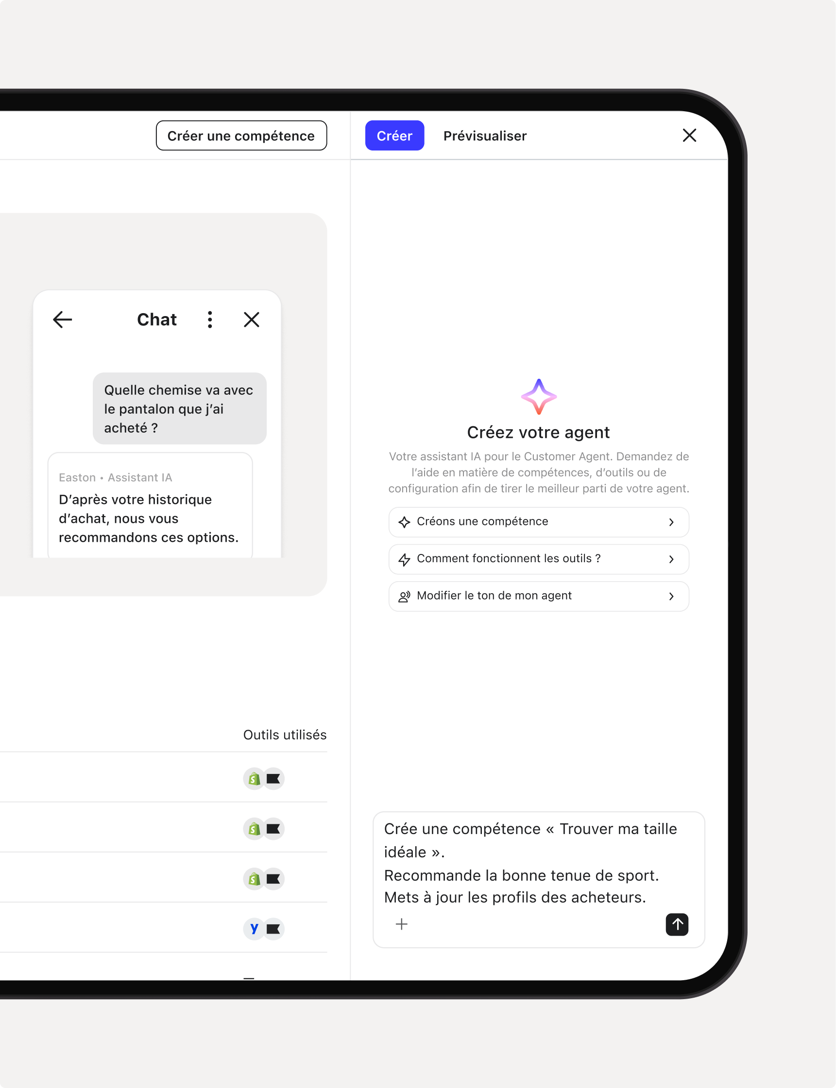 A tablet screen displays an AI agent creation interface with a chat preview on the left showing the agent recommending clothing based on purchase history. The right side lists options to create skills and configure the agent.