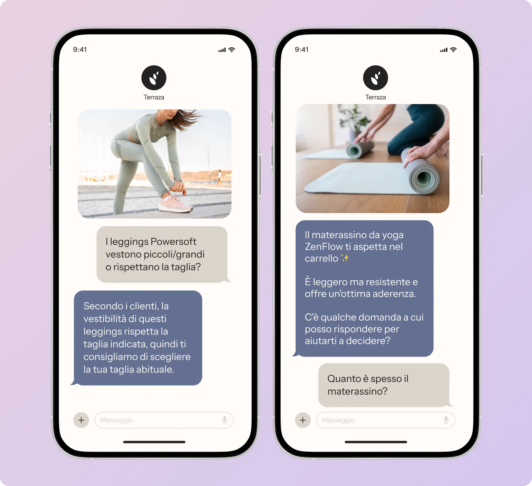 Due smartphone mostrano conversazioni su leggings Powersoft e materassino da yoga ZenFlow.