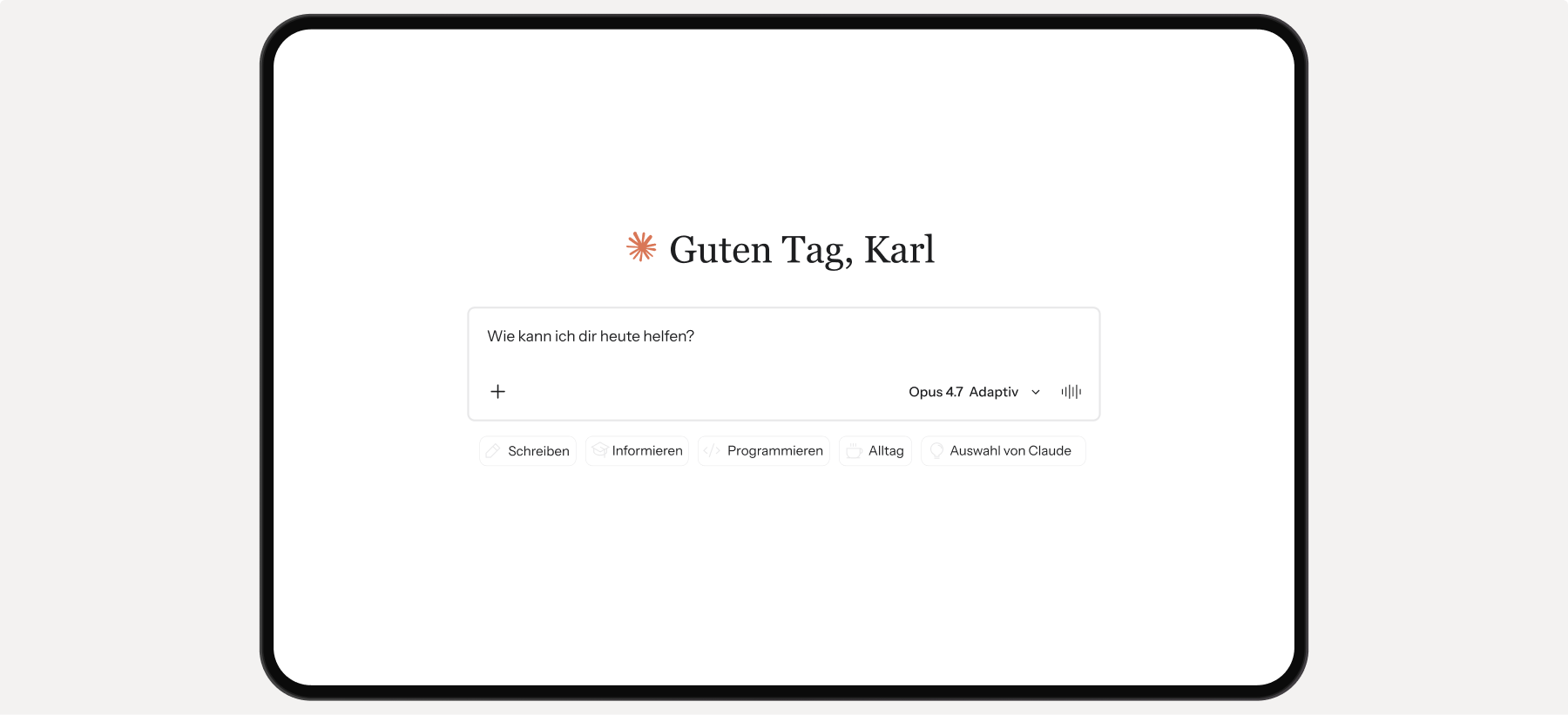 A screen showing a German AI chat interface with "Guten Tag, Karl," an input field "Wie kann ich dir heute helfen?", and task suggestion buttons.
