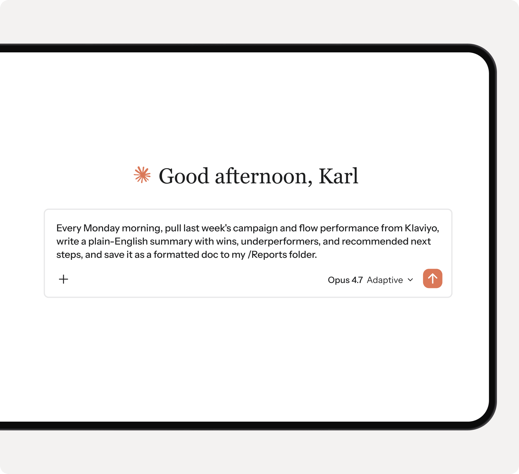 A digital interface showing a prompt for an AI assistant to summarize campaign performance and save it to a reports folder.