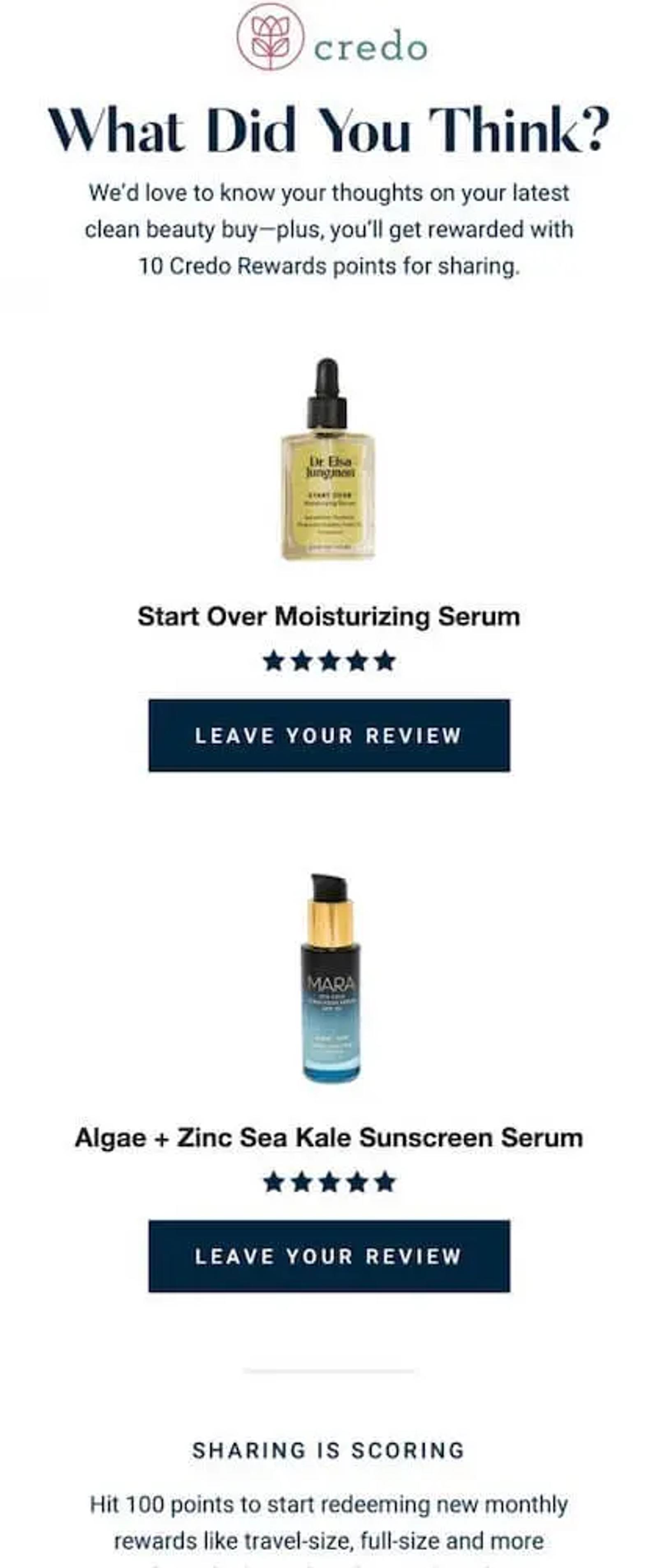 Image shows a post-purchase email from Credo Beauty requesting a customer review.