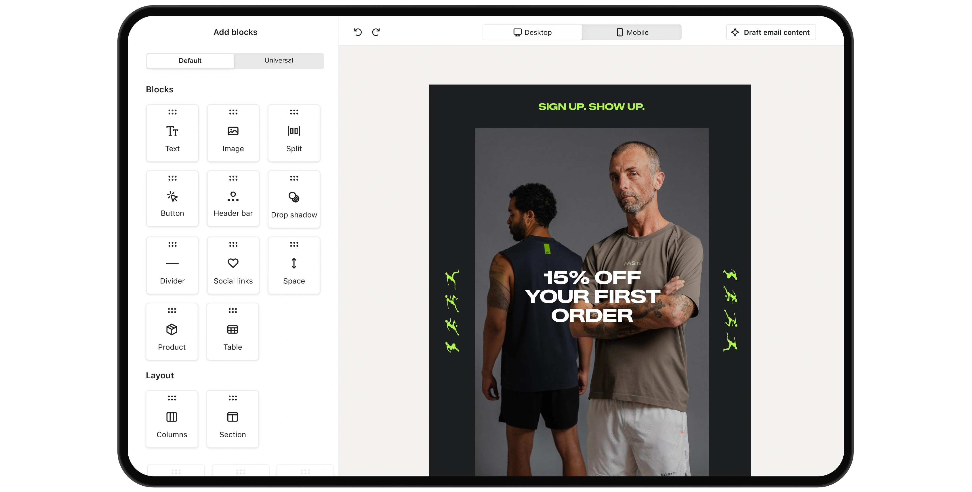 Email editor showing a fitness apparel promotion with two male models and 15% off a first order.