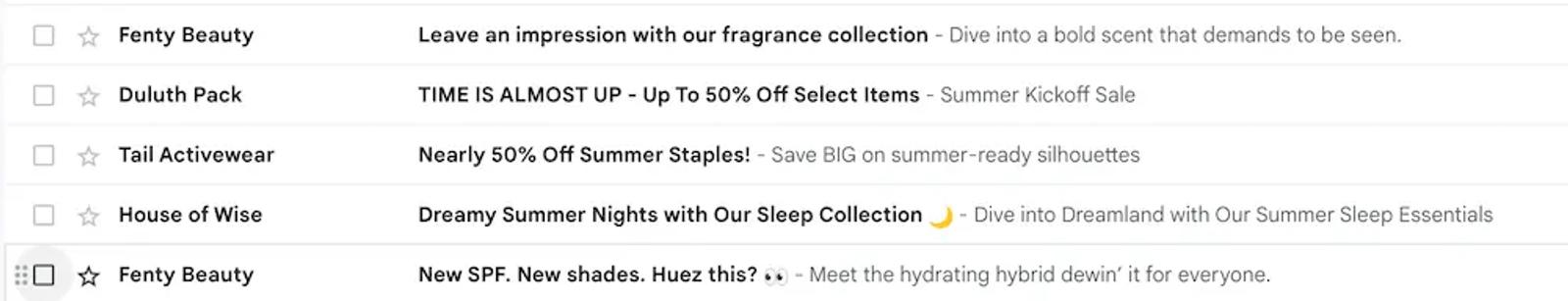 Image shows an inbox with marketing emails from several brands. Fenty Beauty appears twice, and one of the subject lines is straightforward: “Leave an impression with our fragrance collection.” Another is playful: “New SPF. New shades. Huez this?”