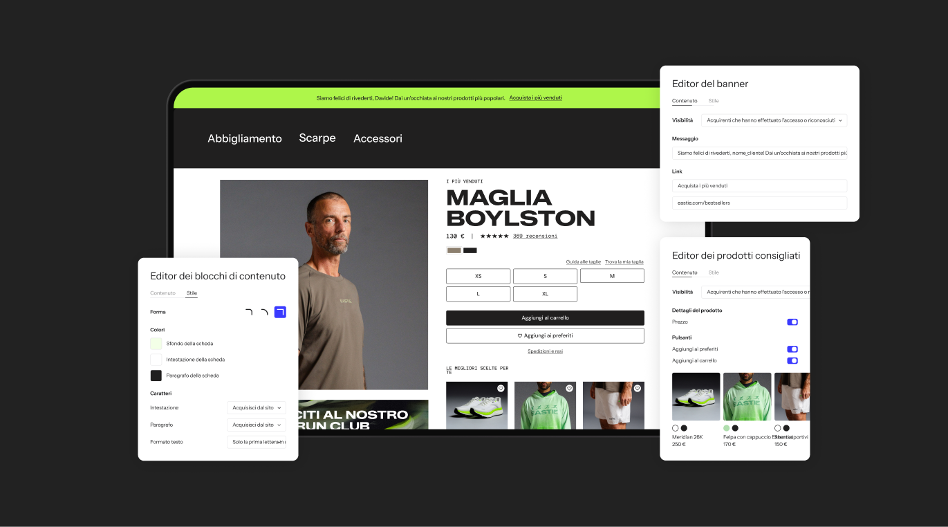 E-commerce content management system on a laptop, displaying a t-shirt product page and three editor windows with bright green accents.