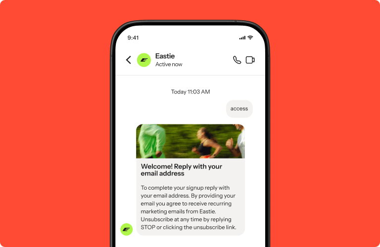 A smartphone shows a text message from 'Eastie' with a welcome message asking for an email and an image of runners, on a red background.