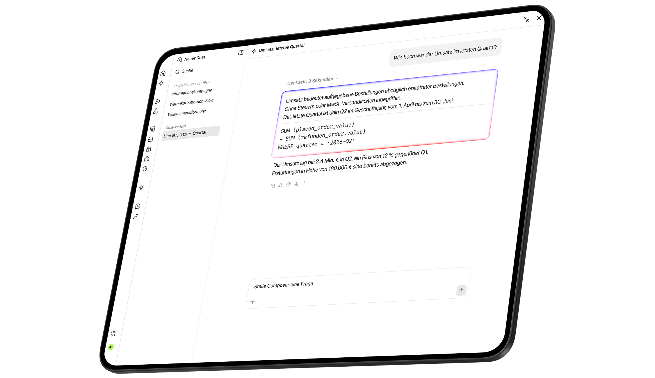 KI-Chatansicht beantwortet eine Umsatzfrage mit Berechnungsdetails und einem Q2-Ergebnis von 2,4 Mio. €.