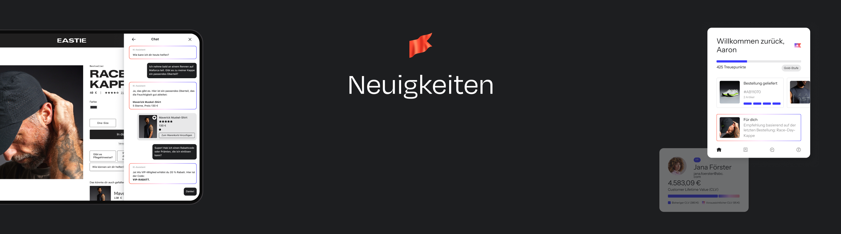 A dark background with the word "Neuigkeiten" (News) and a red flag, surrounded by various web and mobile interface elements showing products, messages, and user profiles.
