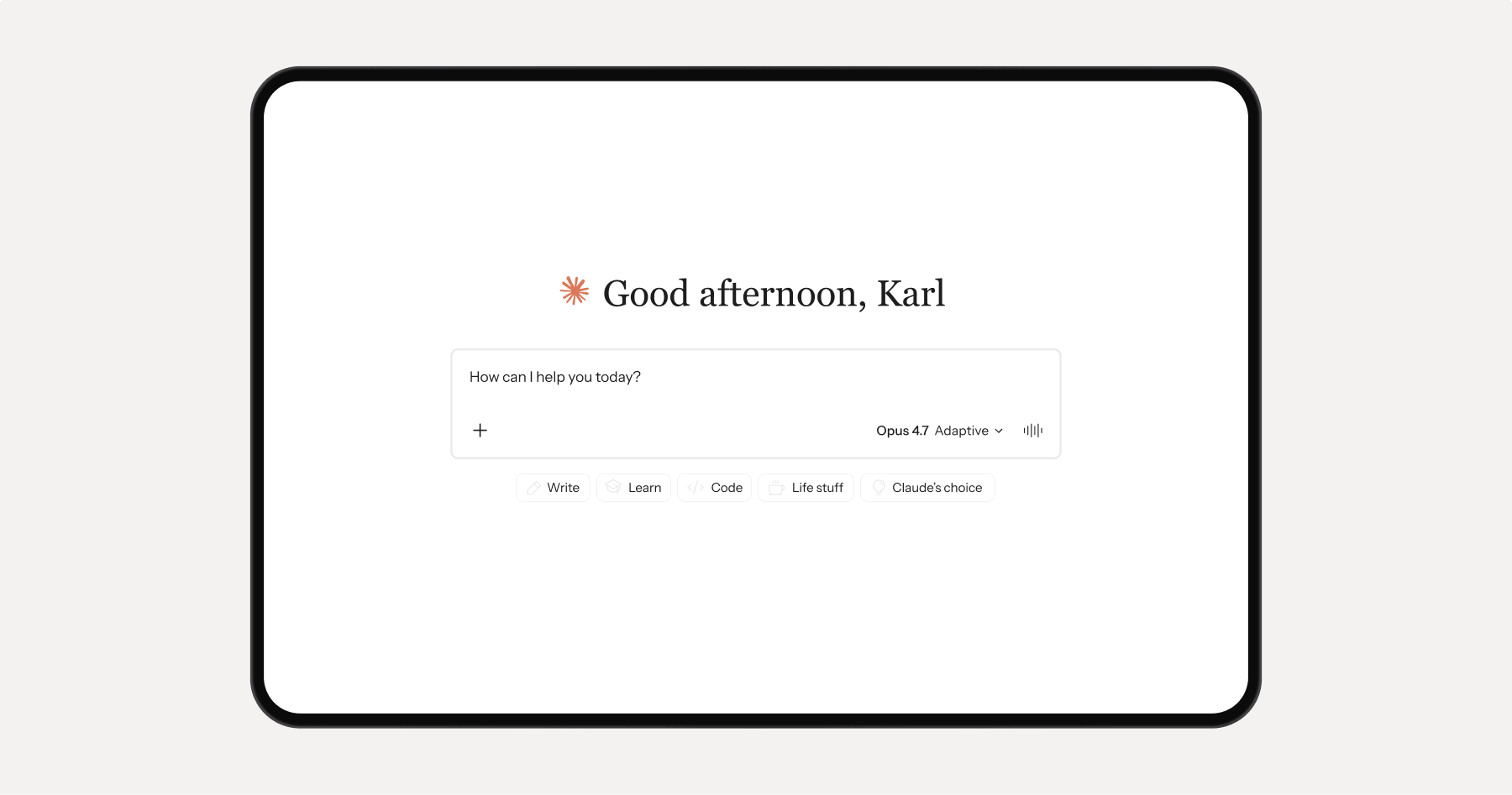 A digital assistant interface showing "Good afternoon, Karl," a text input field, and suggested prompts like "Write," "Learn," and "Code."