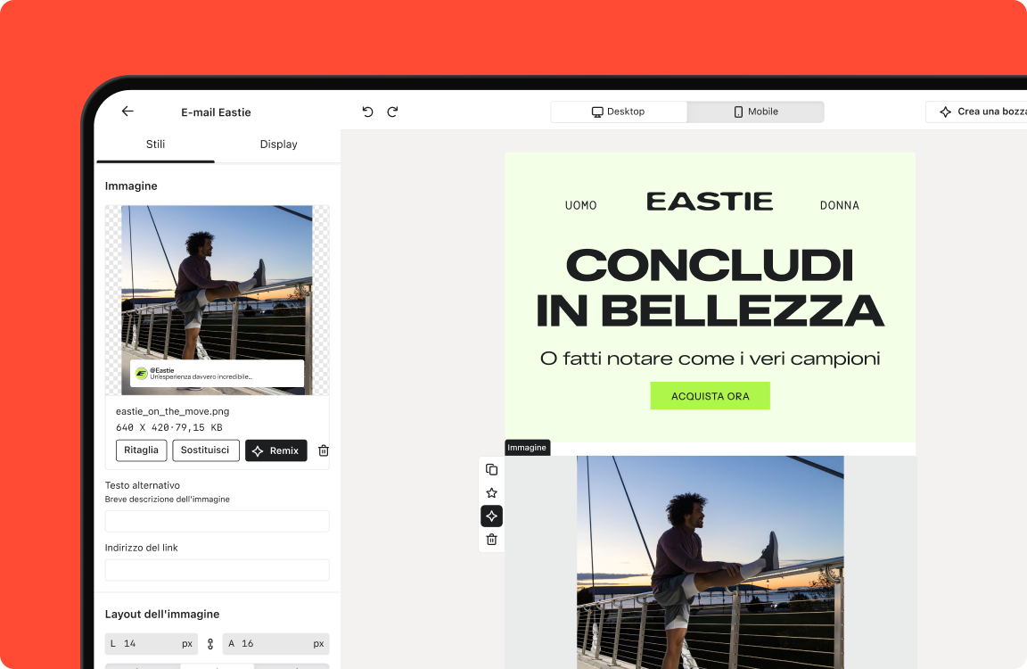 Email design software showing a preview with "EASTIE" branding, an image of a man stretching, and image editing controls.