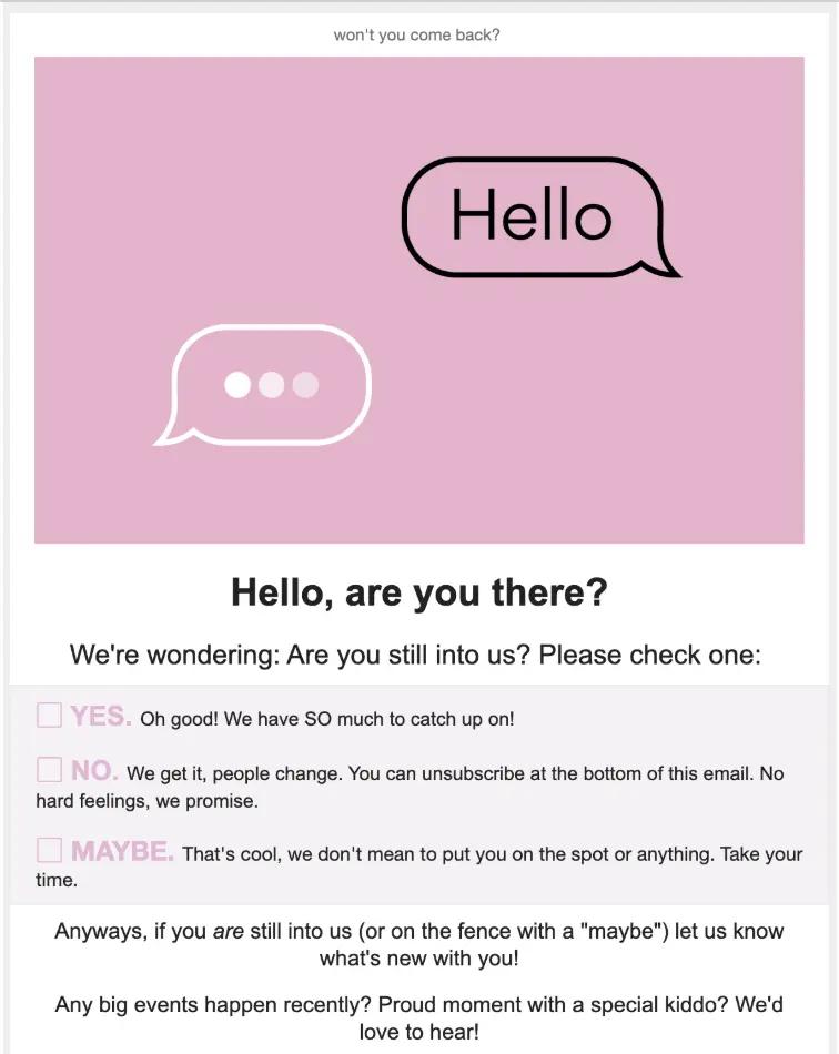 Image shows a sunset flow from Princess Awesome, asking subscribers who haven’t engaged much whether they’d like to continue receiving emails.