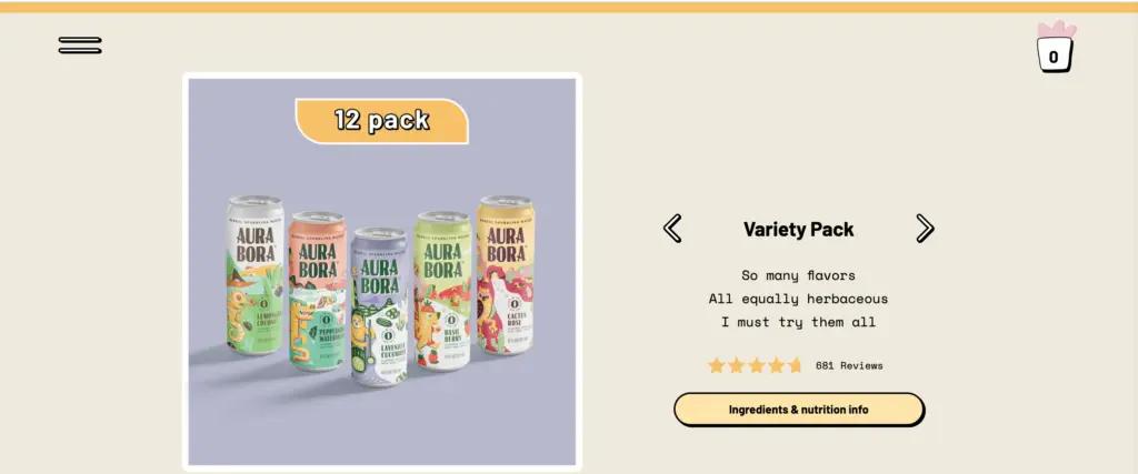 Image shows an example of an ecommerce brand advertising variety packs.